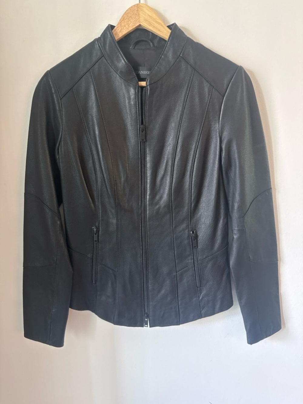 Danier Black Leather Collarless Zip Jacket